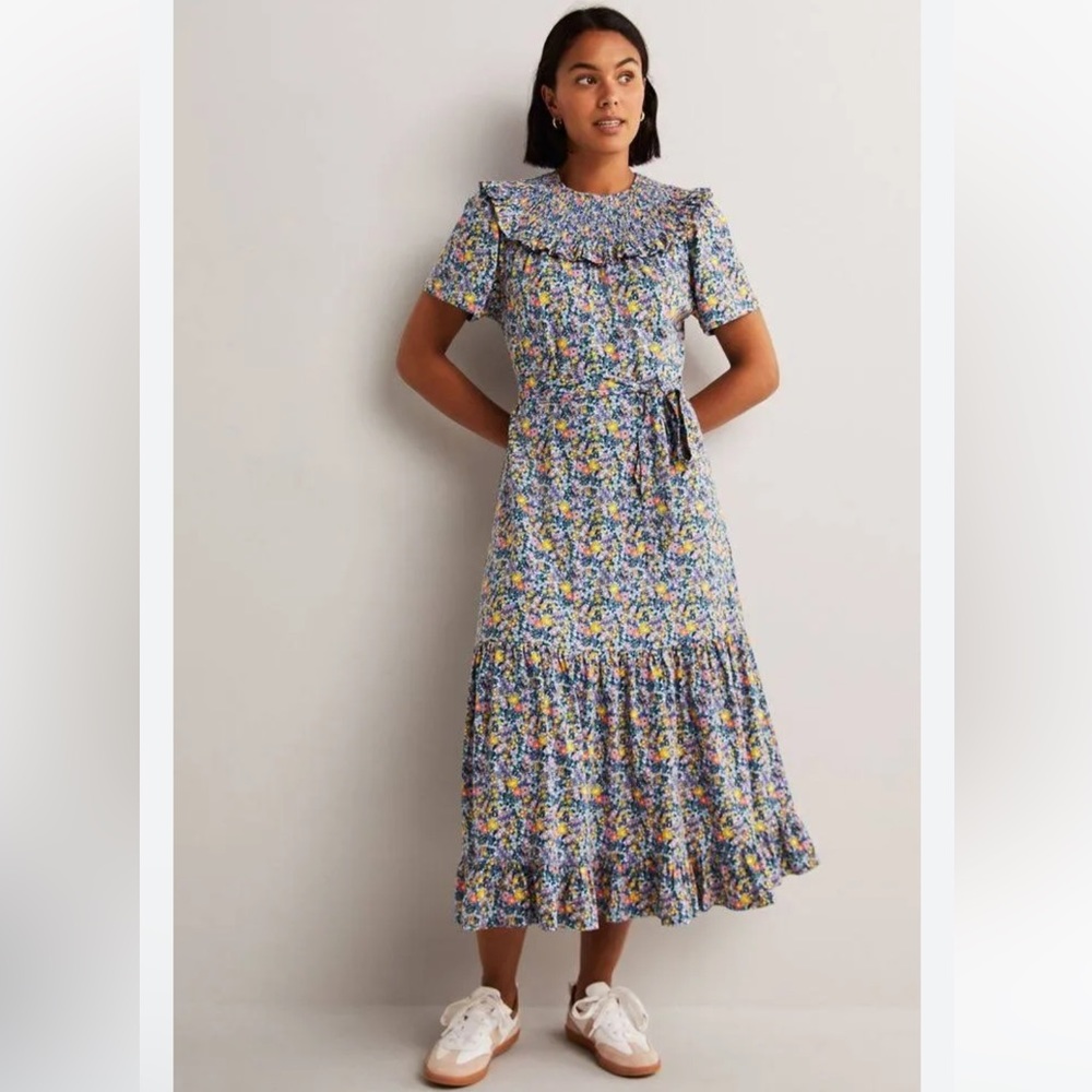 Boden Petite Smocked Yoke Jersey Floral Midi Dress Size 8P